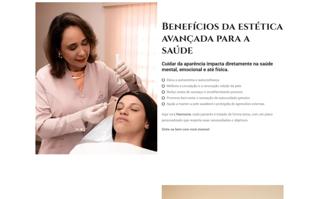 Captura do site de L'Harmonie Estética Avançada: Seção Benefícios da estética avançada para a saúde
