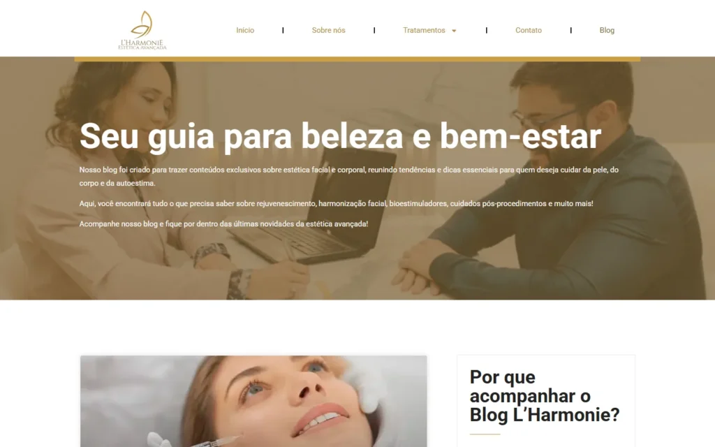 Captura do site de L'Harmonie Estética Avançada: Página Blog: guia para beleza e bem-estar