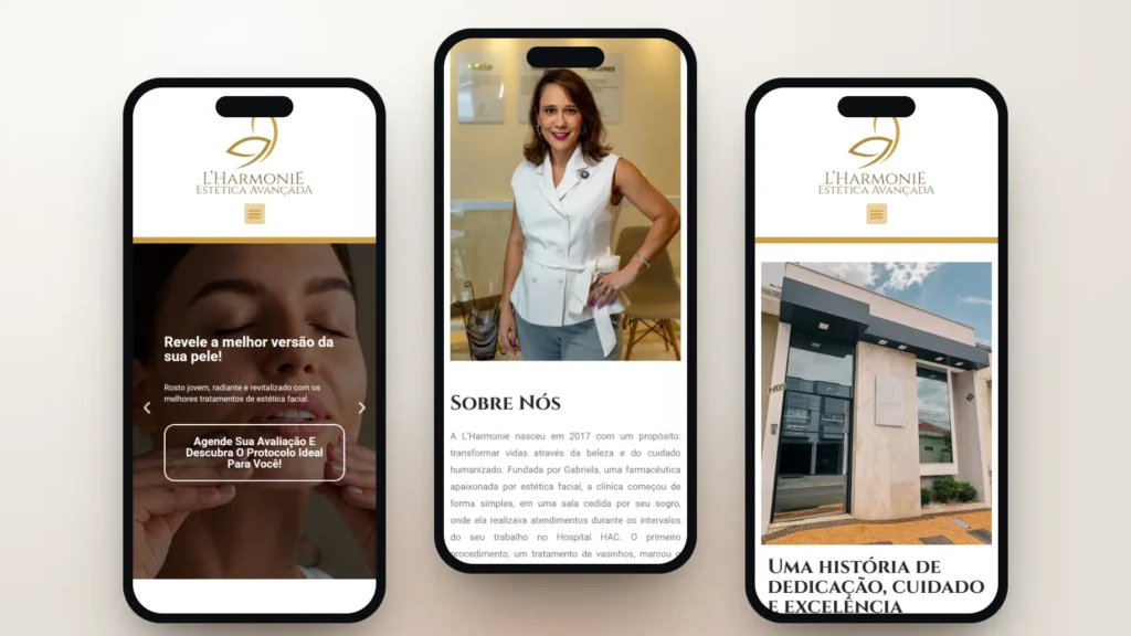Captura do site de L'Harmonie Estética Avançada: Início, seção e página interna no celular