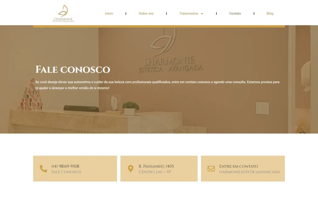 Captura do site de L'Harmonie Estética Avançada: Página Contato