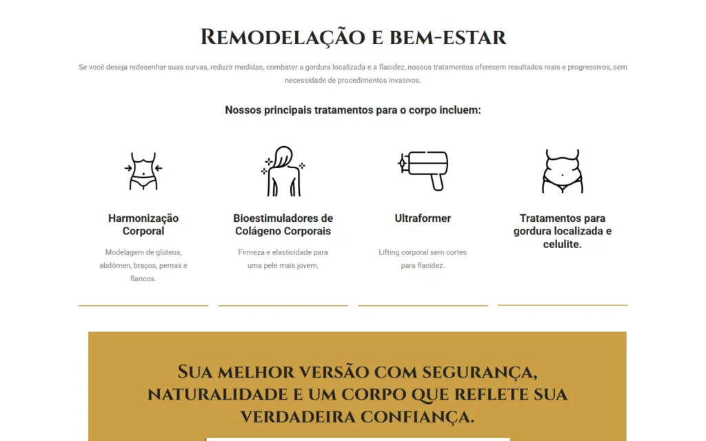 Captura do site de L'Harmonie Estética Avançada: Seção Remodelação e bem-estar: tratamentos corporais