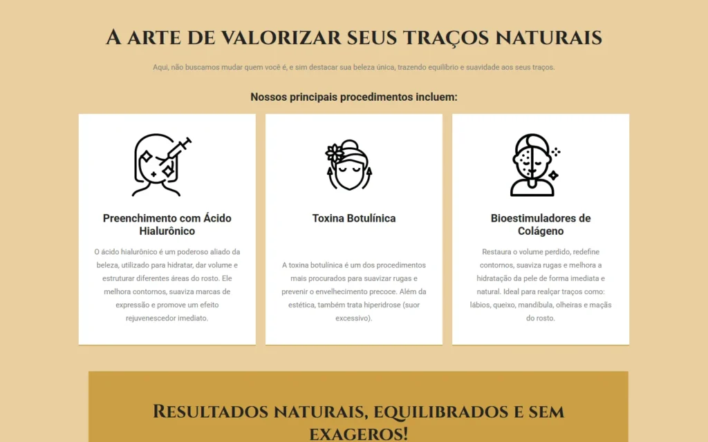 Captura do site de L'Harmonie Estética Avançada: Seção de procedimentos faciais