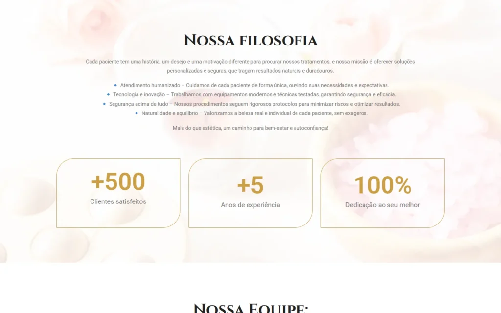 Captura do site de L'Harmonie Estética Avançada: Sobre nós: filosofia e números da clínica