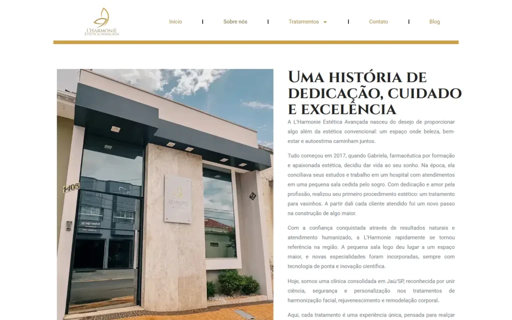 Captura do site de L'Harmonie Estética Avançada: Sobre nós: uma história de dedicação, cuidado e excelência
