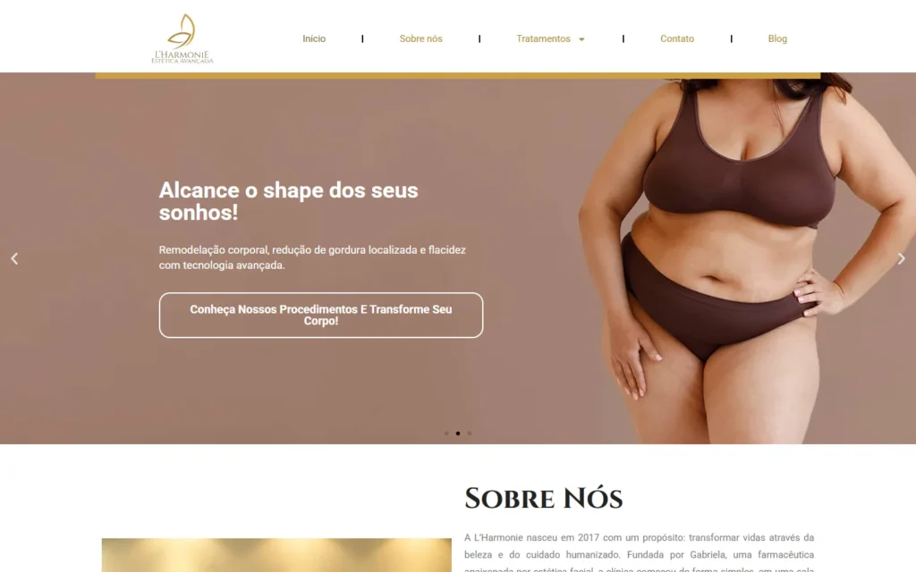 Captura do site de L'Harmonie Estética Avançada: Página inicial: chamada de estética corporal