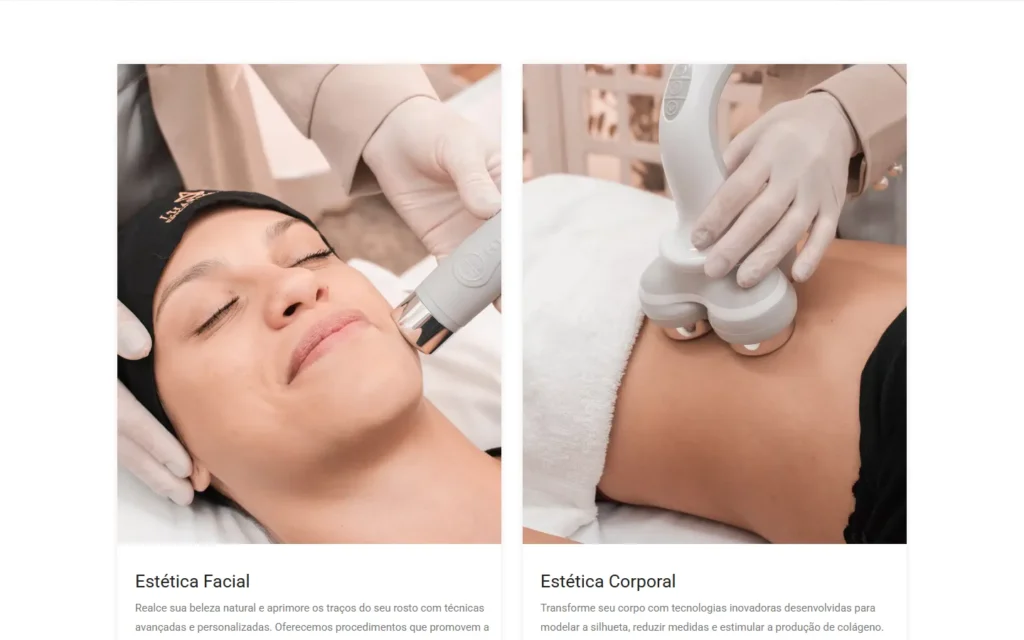 Captura do site de L'Harmonie Estética Avançada: Página Tratamentos: estética facial e corporal