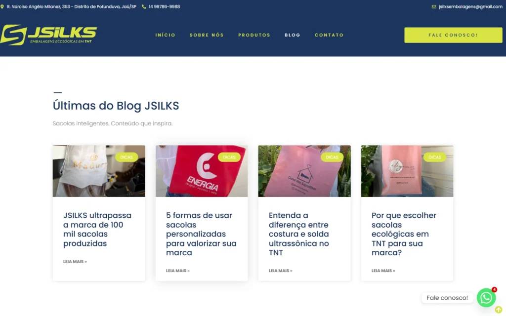 Captura do site de JSILKS Embalagens: Página Blog