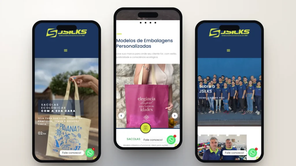 Captura do site de JSILKS Embalagens: Início, seção e página interna no celular