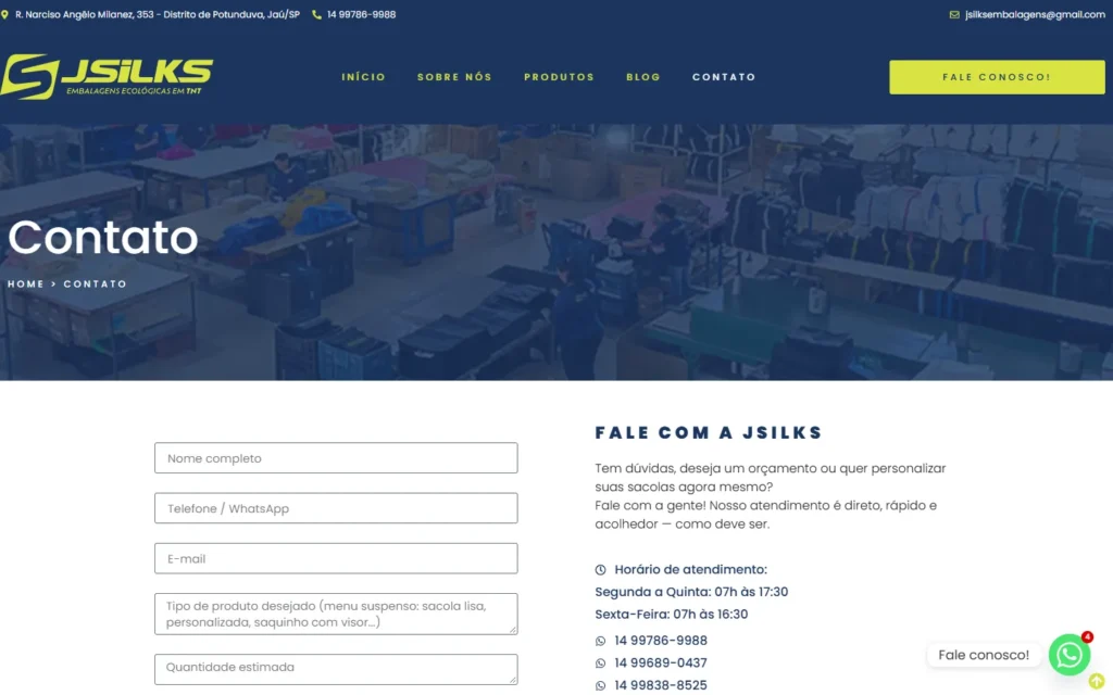 Captura do site de JSILKS Embalagens: Página Contato: formulário de orçamento