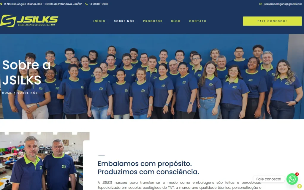 Captura do site de JSILKS Embalagens: Página Sobre a JSILKS, com a equipe