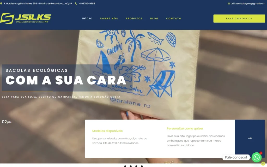 Captura do site de JSILKS Embalagens: Página inicial: sacolas ecológicas com a sua cara