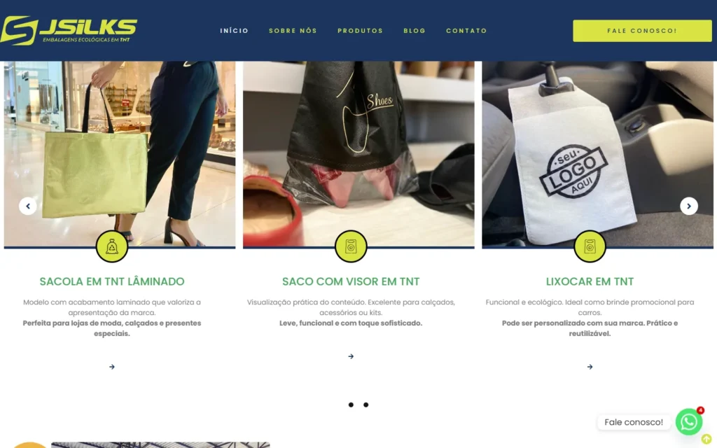 Captura do site de JSILKS Embalagens: Seção de modelos: laminada, saco com visor e lixocar
