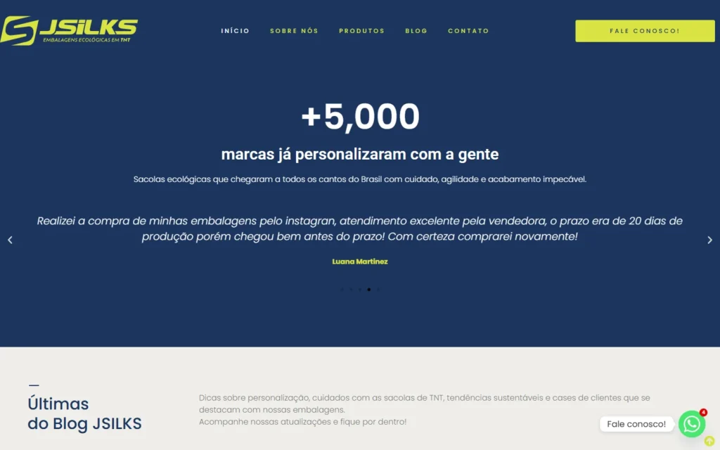 Captura do site de JSILKS Embalagens: Contador de marcas atendidas e depoimentos