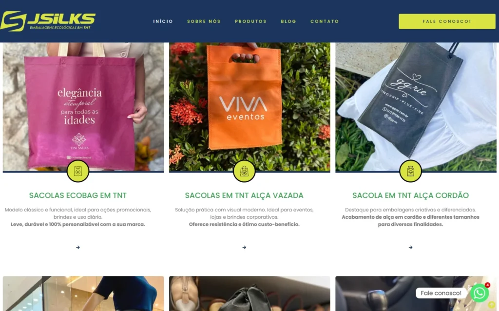 Captura do site de JSILKS Embalagens: Seção de modelos: ecobag, alça vazada e alça cordão
