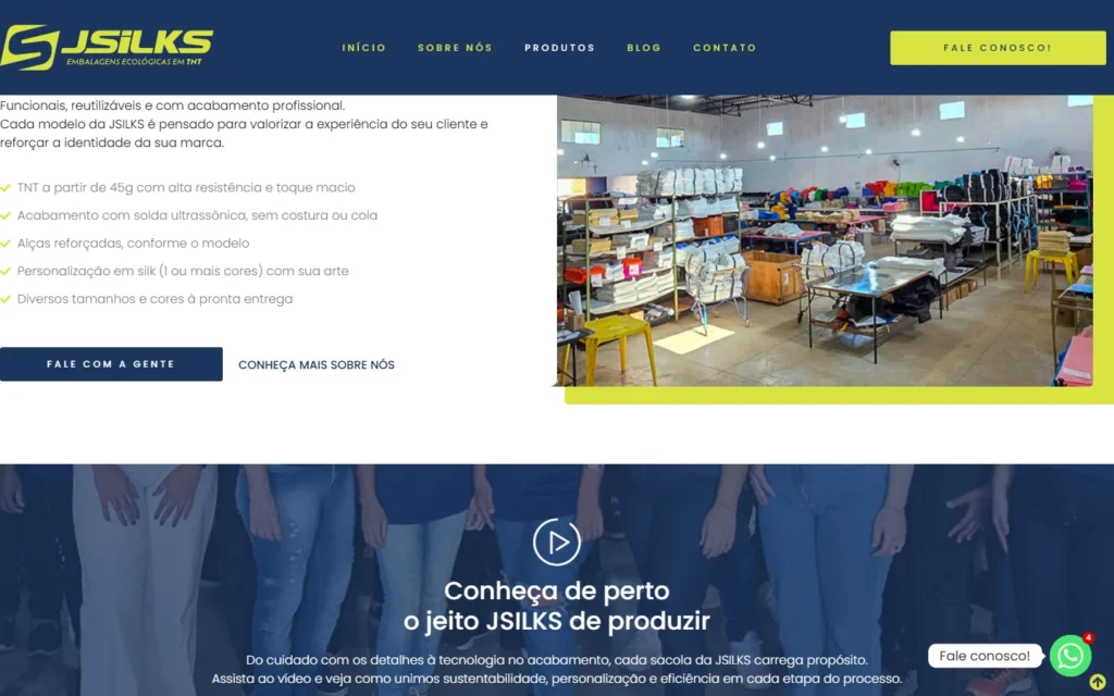 Captura do site de JSILKS Embalagens: Página Produtos: especificações e fábrica