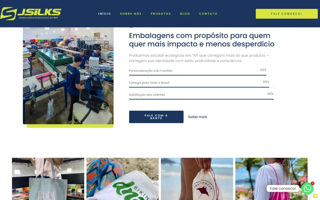 Captura do site de JSILKS Embalagens: Seção Embalagens com propósito