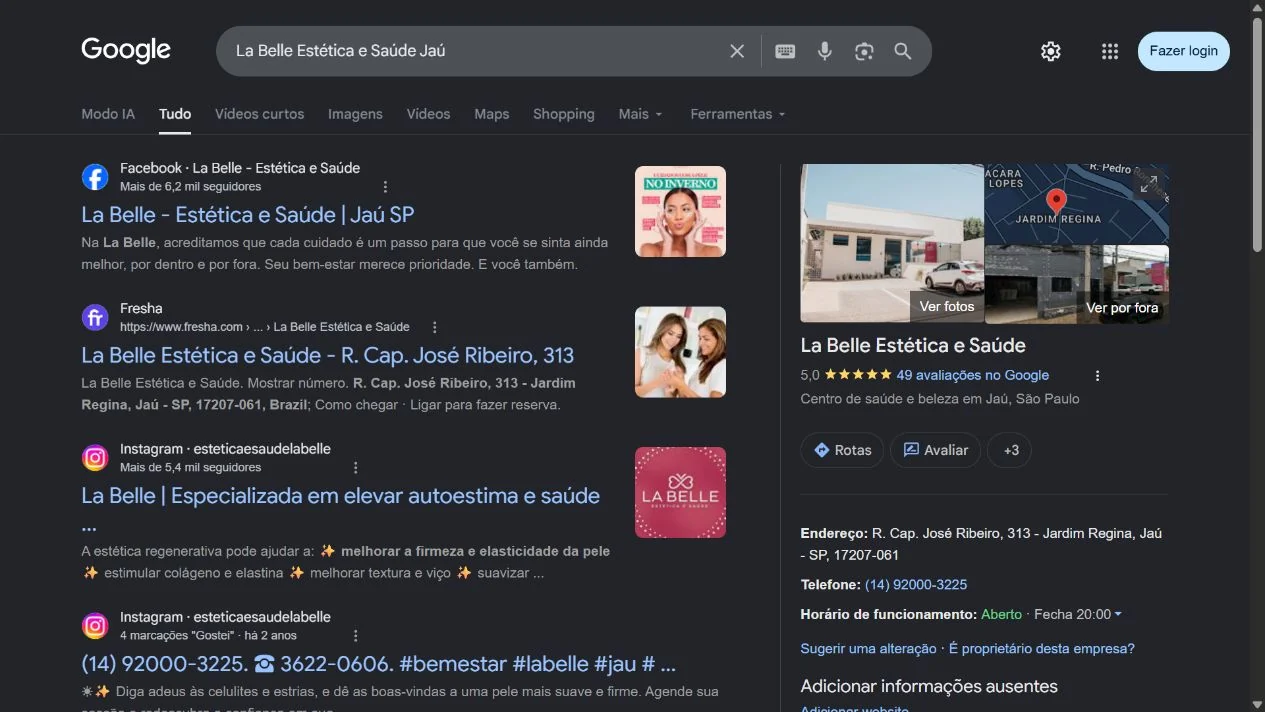 Busca e apresentação do perfil de La Belle Estética e Saúde no Google. Captura real de 16/09/2026.