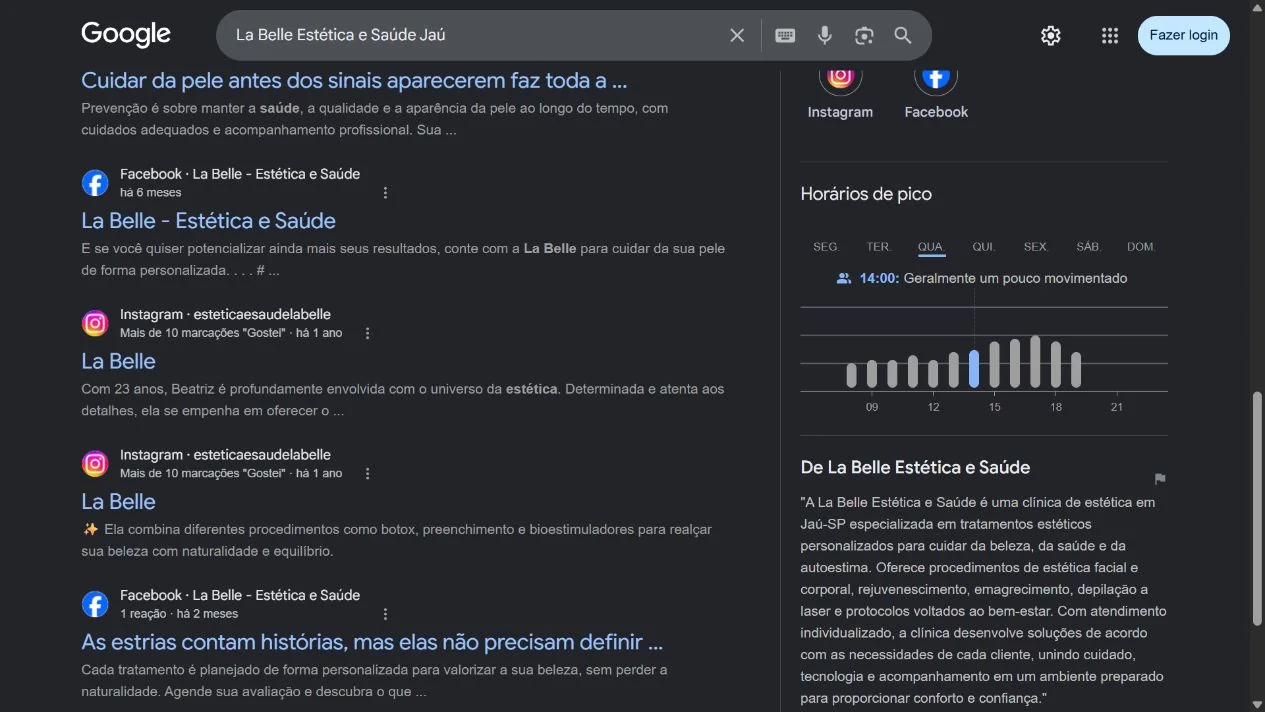 Descrição pública dos serviços de La Belle Estética e Saúde no Google. Captura real de 16/09/2026.
