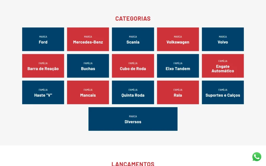 Captura do site de Lumer Peças: Página Produtos: catálogo por marca e por família