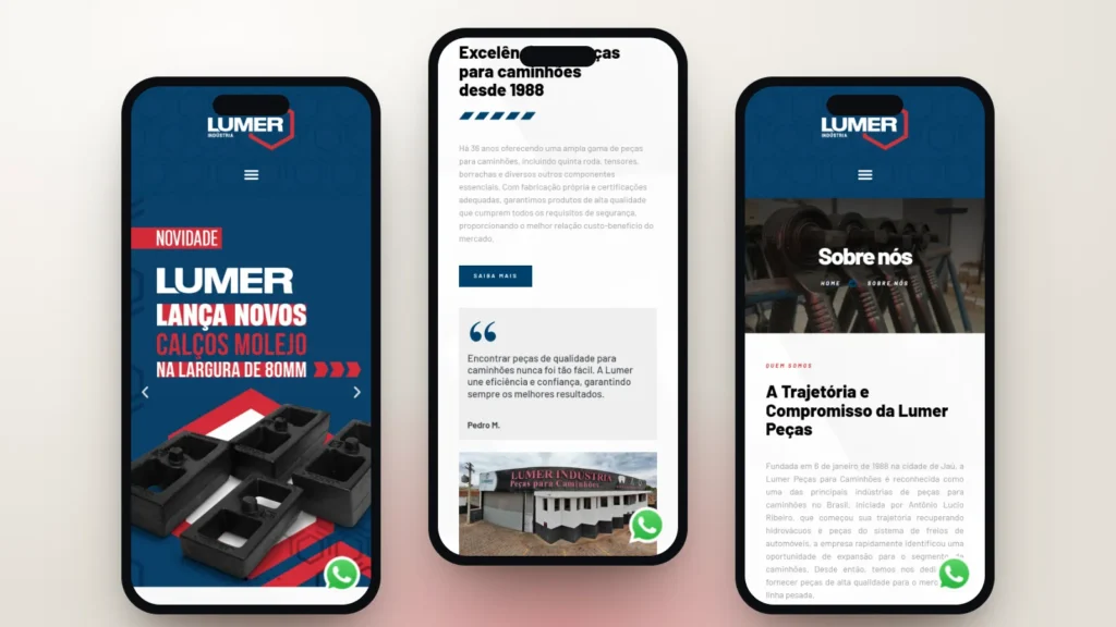Captura do site de Lumer Peças: Início, seção e página interna no celular