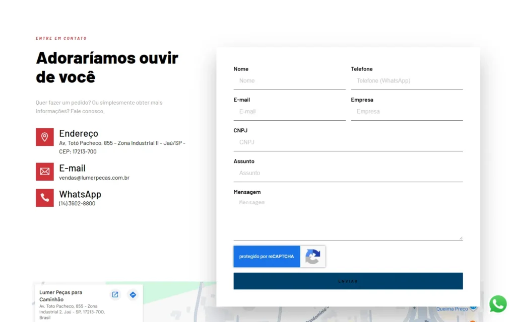 Captura do site de Lumer Peças: Contato: formulário com CNPJ