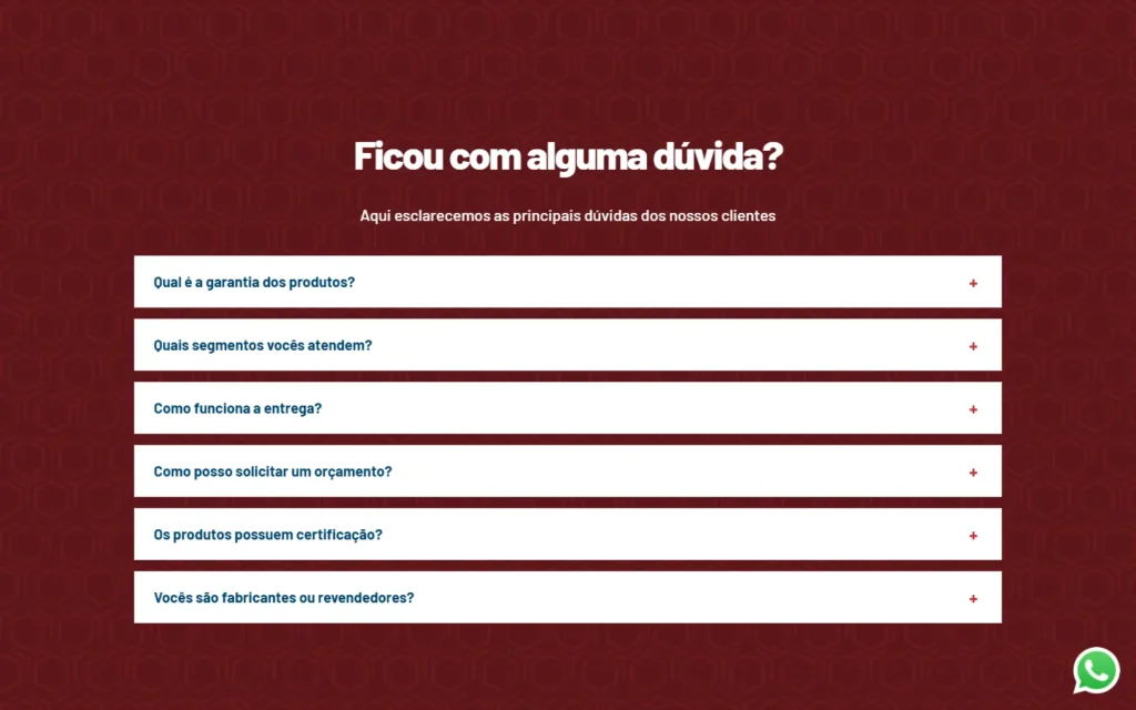 Captura do site de Lumer Peças: Seção de dúvidas frequentes