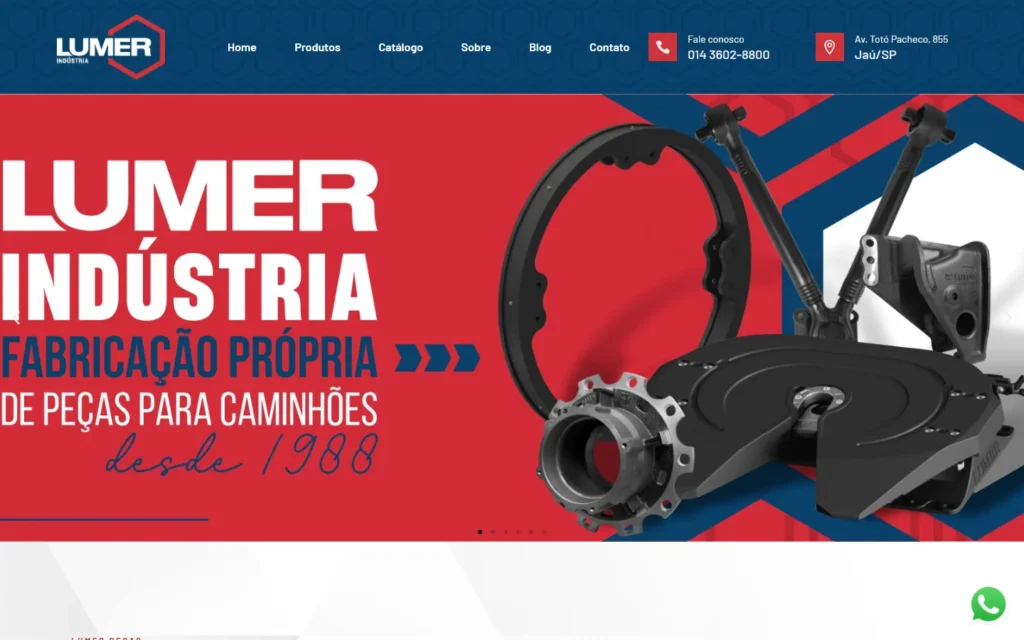 Captura do site de Lumer Peças: Página inicial: fabricação própria de peças para caminhões desde 1988