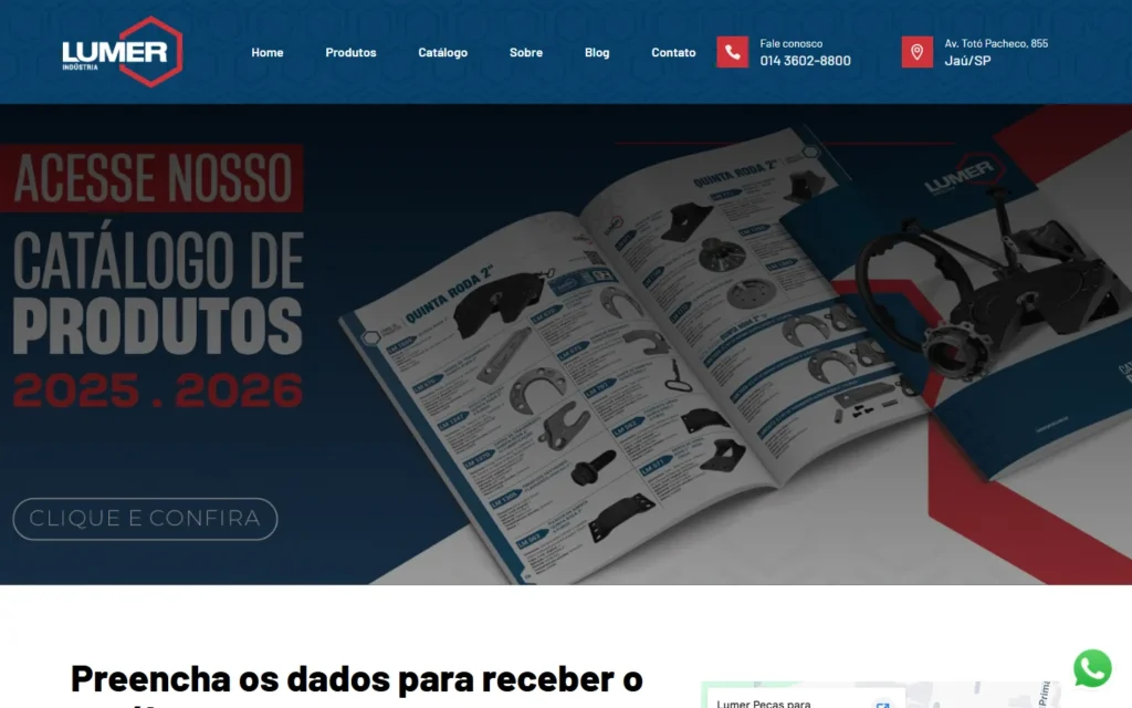Captura do site de Lumer Peças: Página Catálogo: formulário para receber o PDF