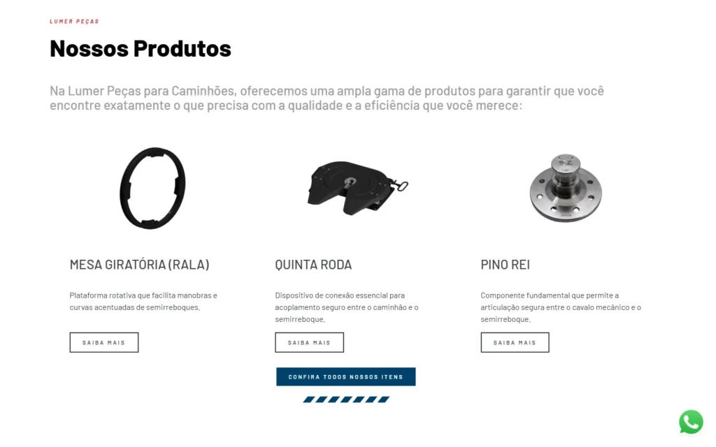 Captura do site de Lumer Peças: Seção Nossos produtos: mesa giratória, quinta roda e pino rei