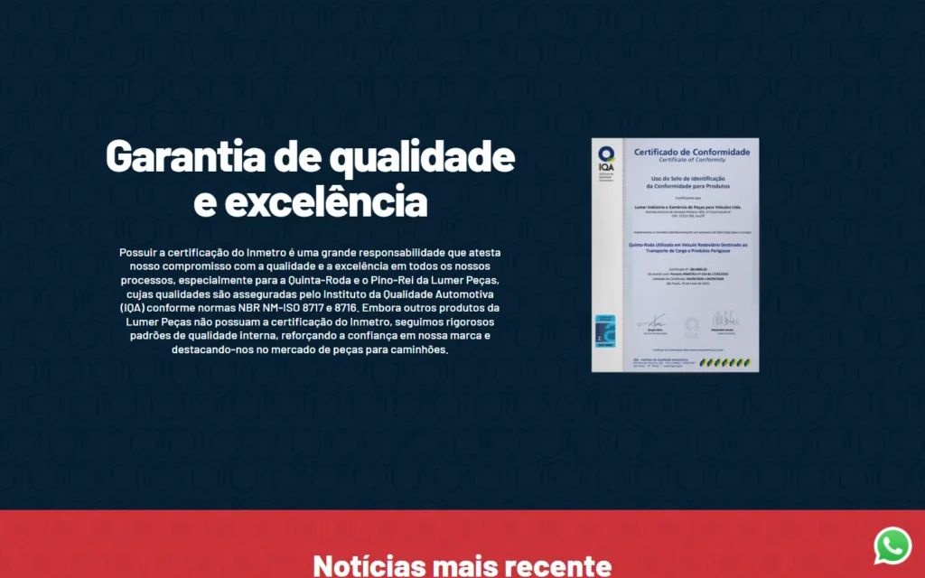 Captura do site de Lumer Peças: Seção Garantia de qualidade, com a certificação