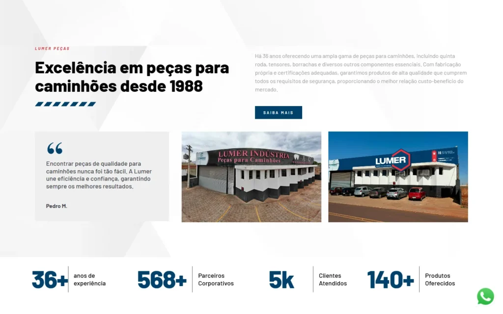 Captura do site de Lumer Peças: Seção de apresentação, com os números da empresa