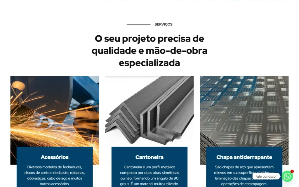 Captura do site de Master Dobra: Nossos serviços: acessórios, cantoneira e chapas