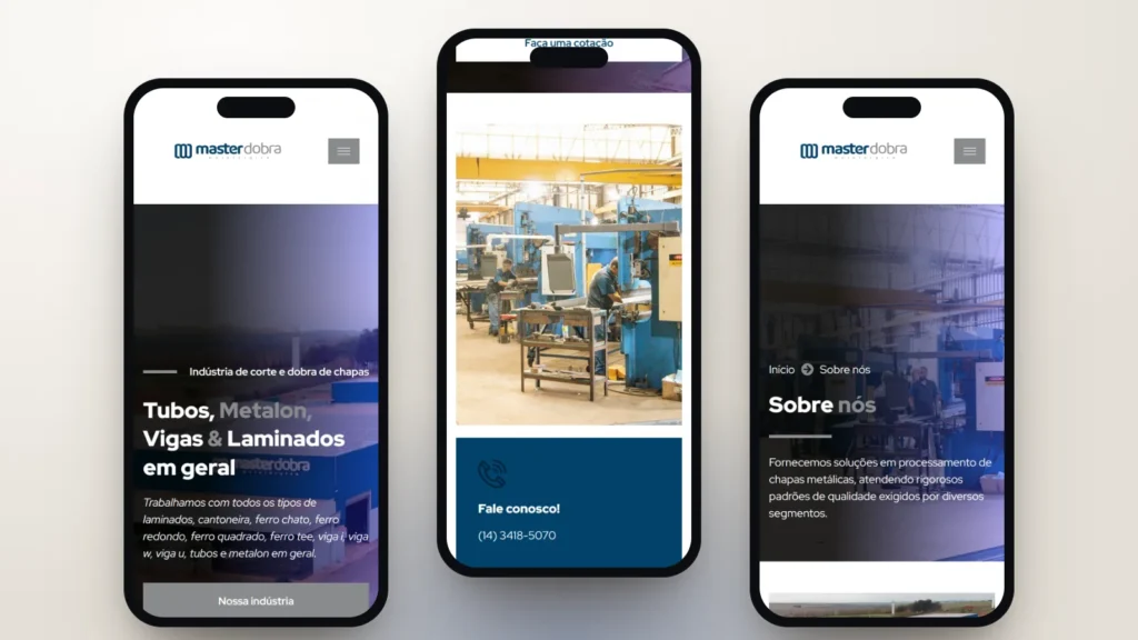 Captura do site de Master Dobra: Início, seção e página interna no celular