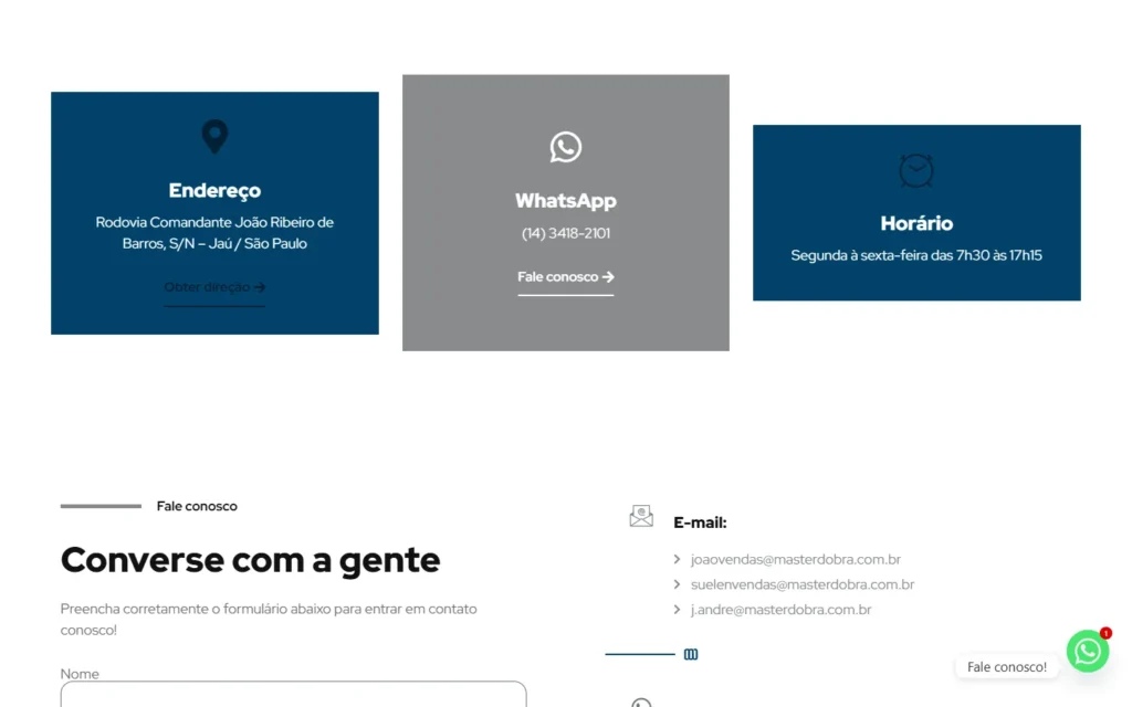 Captura do site de Master Dobra: Contato: endereço, WhatsApp e horário
