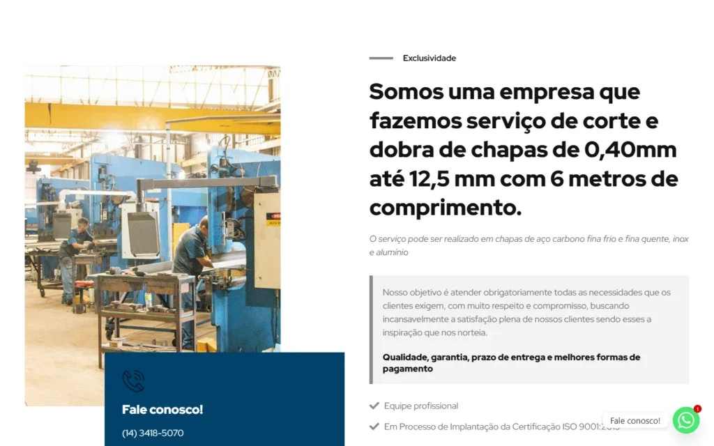 Captura do site de Master Dobra: Seção Exclusividade: corte e dobra de 0,40 mm a 12,5 mm