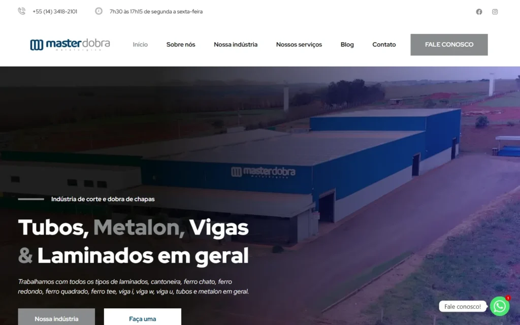 Captura do site de Master Dobra: Página inicial: tubos, metalon, vigas e laminados em geral