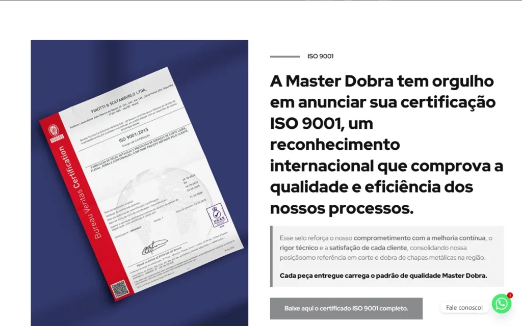 Captura do site de Master Dobra: Seção da certificação ISO 9001, com download do certificado