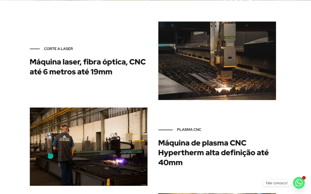 Captura do site de Master Dobra: Nossa indústria: laser de fibra óptica e plasma CNC