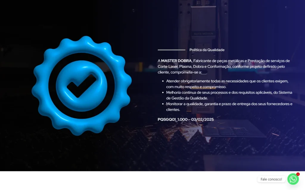 Captura do site de Master Dobra: Seção Política da Qualidade