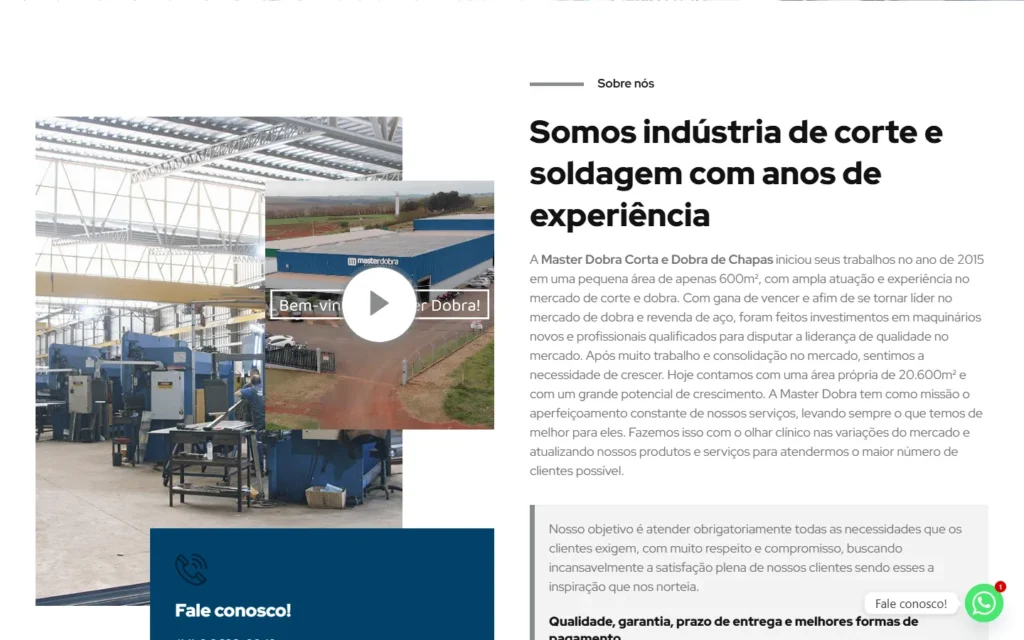 Captura do site de Master Dobra: Sobre nós: indústria de corte e soldagem