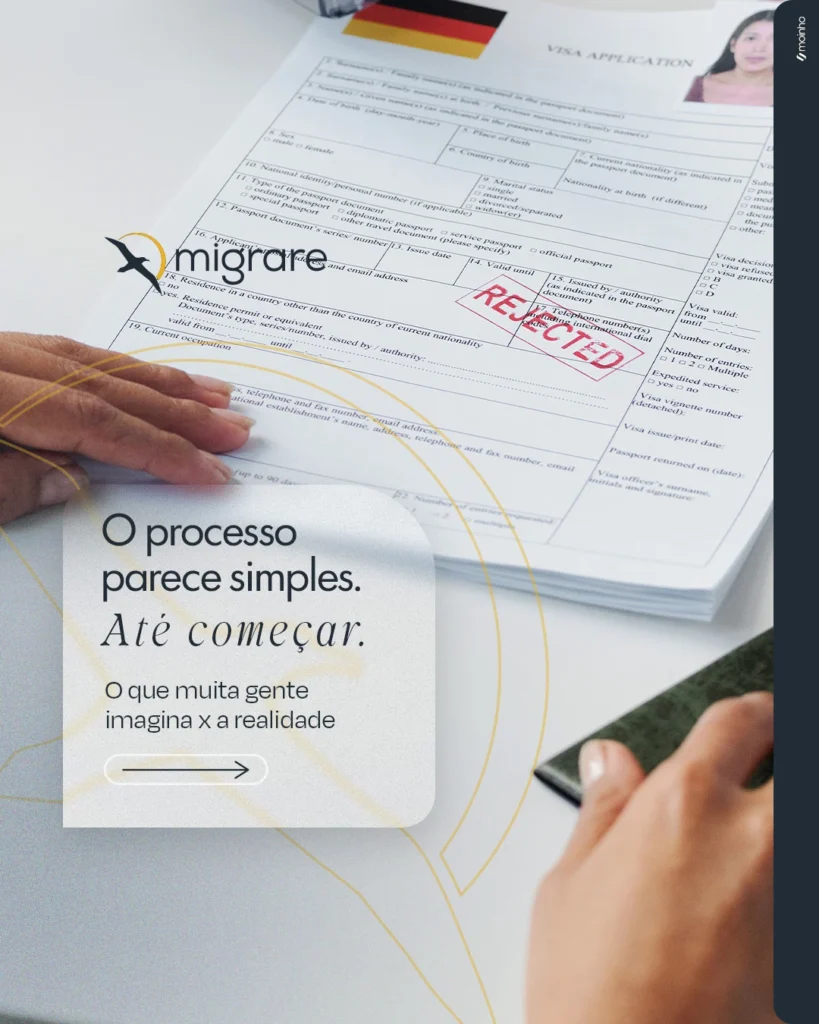 Peça de comunicação da Migrare Consultoria Migratória: 📅 08_06 — CARROSSEL