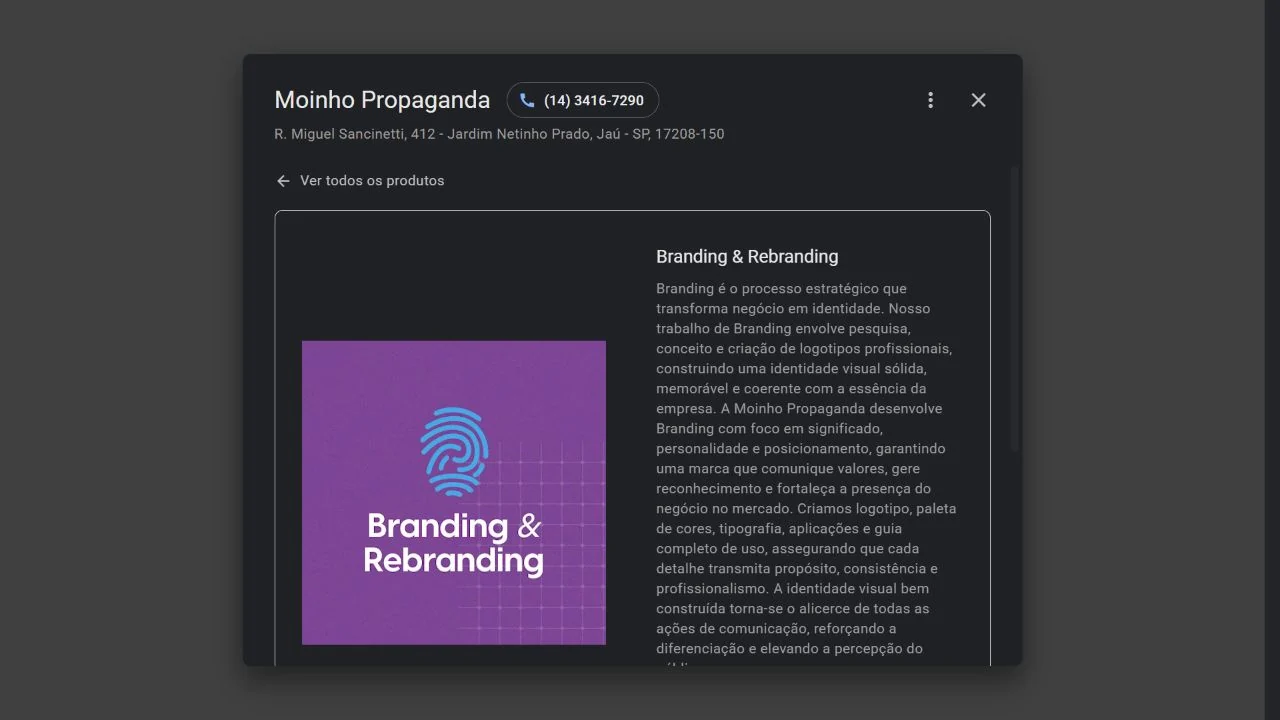 Ficha de Branding & Rebranding de Moinho Propaganda no Google. Captura real de 16/09/2026.