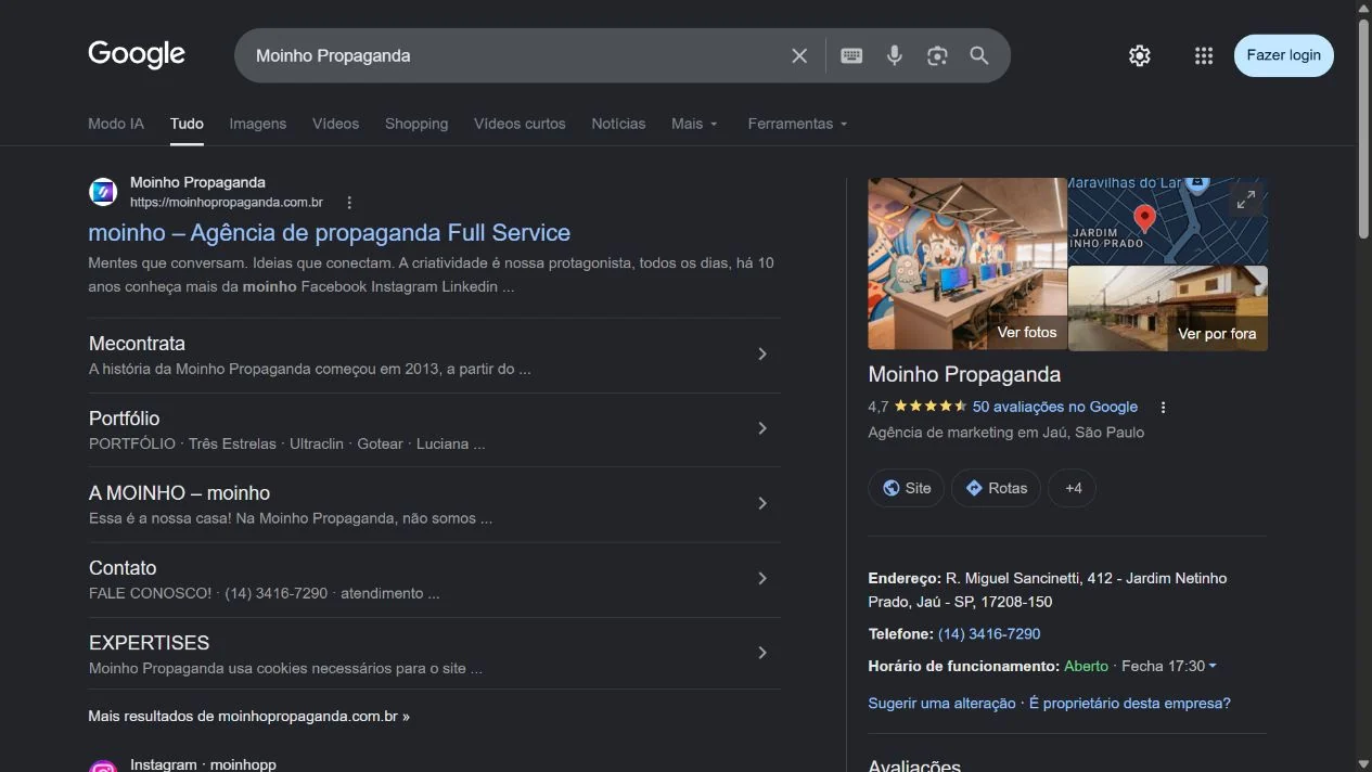 Busca e apresentação do perfil de Moinho Propaganda no Google. Captura real de 16/09/2026.