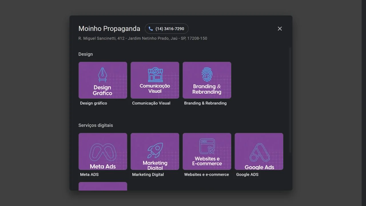 Categorias do catálogo de produtos e serviços de Moinho Propaganda no Google. Captura real de 16/09/2026.