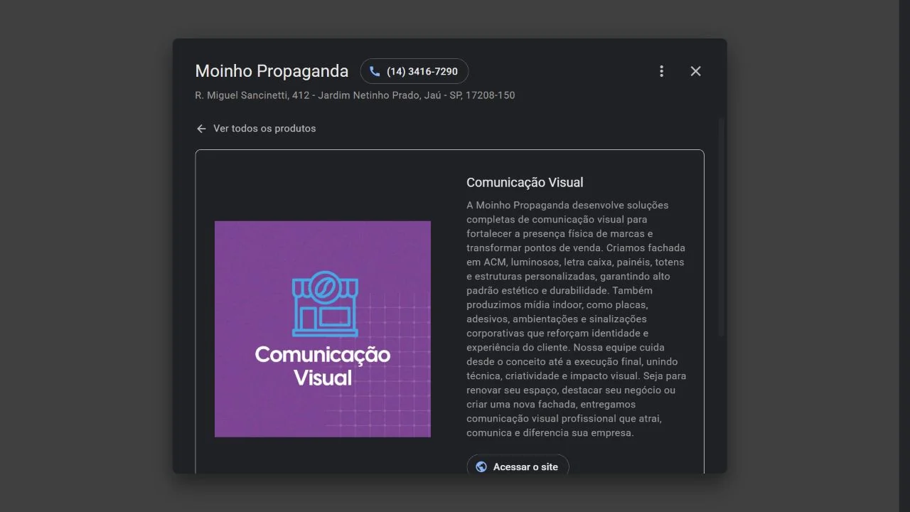 Ficha de Comunicação Visual de Moinho Propaganda no Google. Captura real de 16/09/2026.