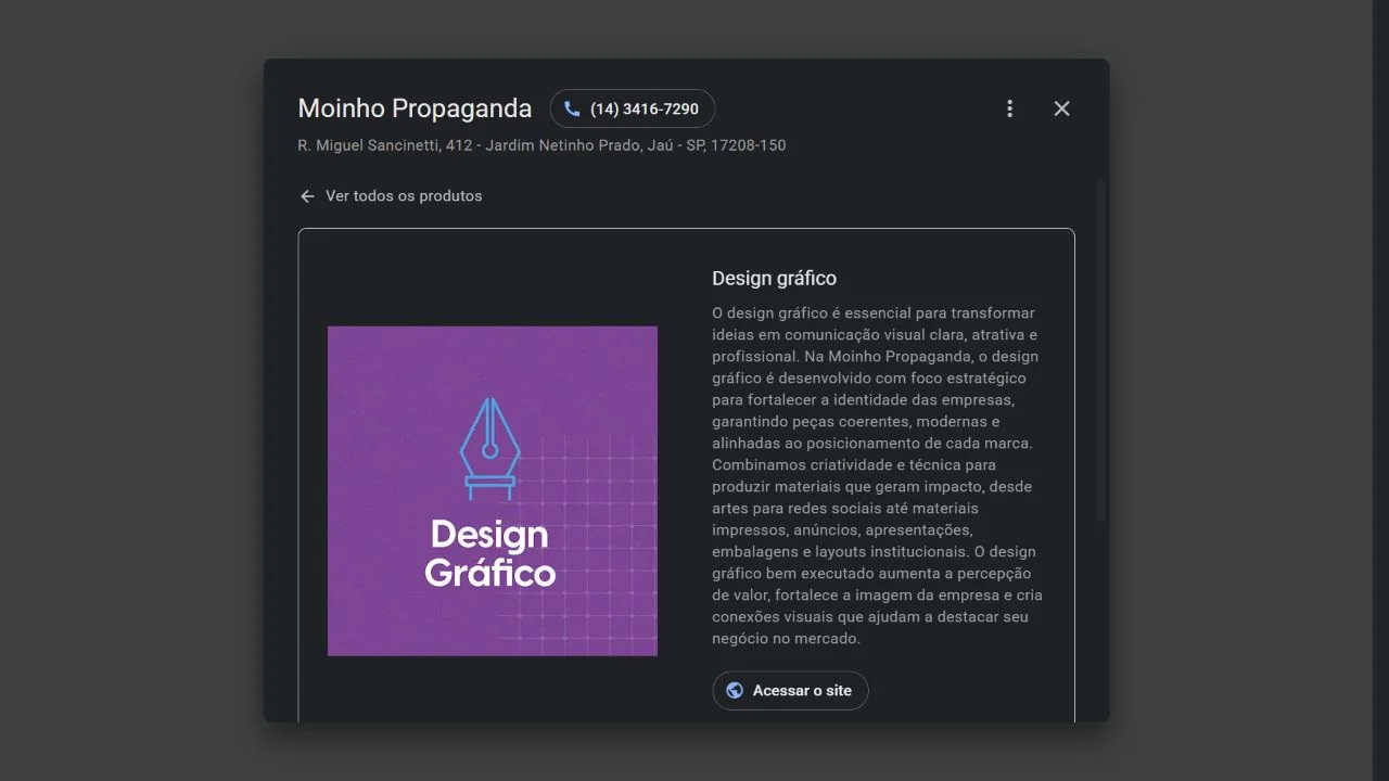 Ficha de Design gráfico de Moinho Propaganda no Google. Captura real de 16/09/2026.