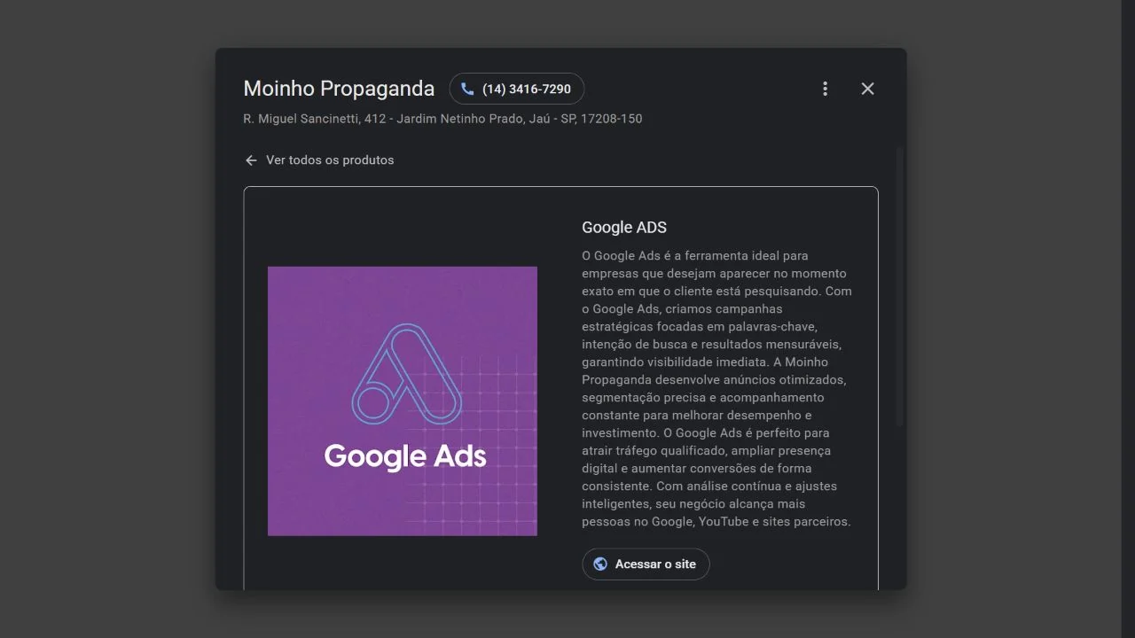 Ficha de Google ADS de Moinho Propaganda no Google. Captura real de 16/09/2026.