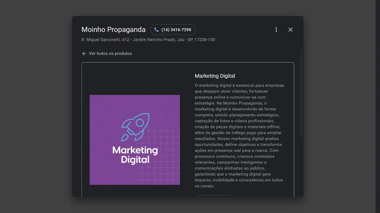Ficha de Marketing Digital de Moinho Propaganda no Google. Captura real de 16/09/2026.
