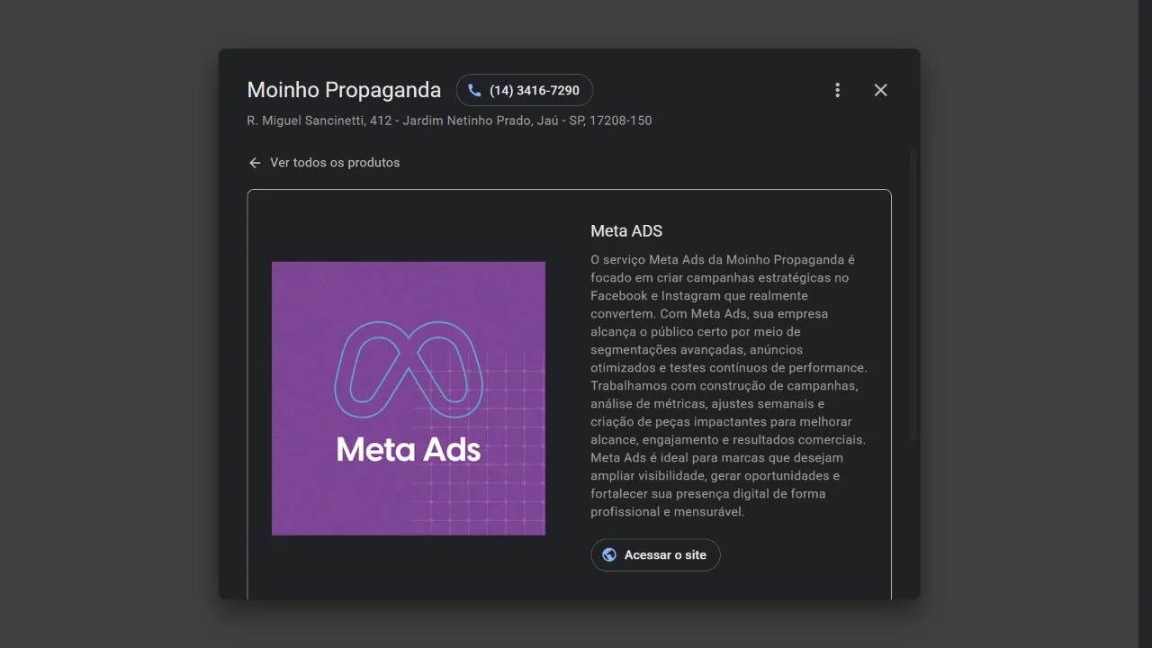 Ficha de Meta ADS de Moinho Propaganda no Google. Captura real de 16/09/2026.