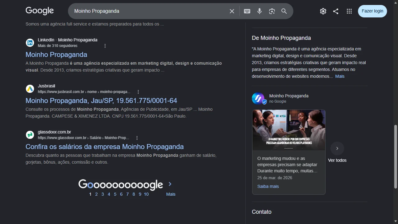 Publicações e apresentação da empresa de Moinho Propaganda no Google. Captura real de 16/09/2026.